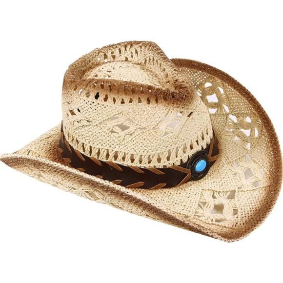 Men & Women's Luxury Woven Straw Cowboy Hat w/Hat Band - Picture 1 of 6